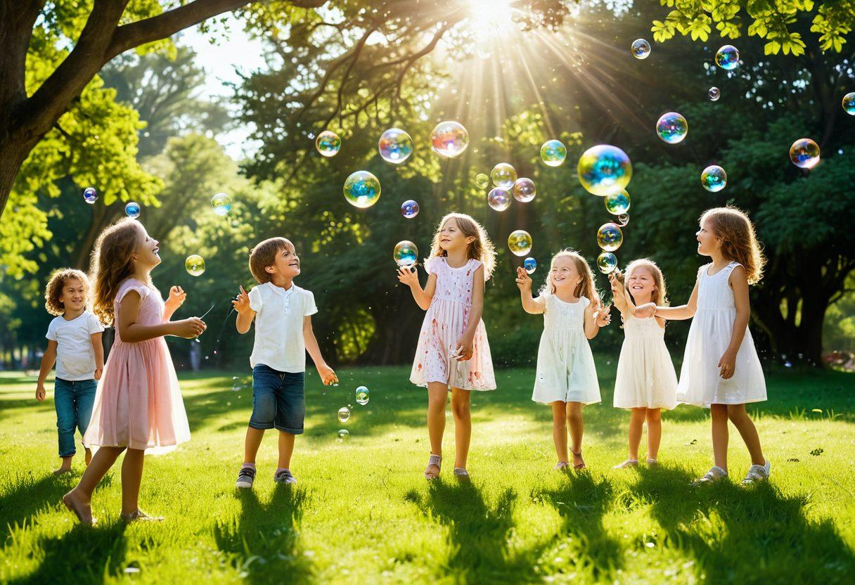 A whimsical scene capturing vibrant soap bubbles of various sizes, reflecting a spectrum of colors against a sunlit background. Include playful children joyfully chasing bubbles in a lush green park, with light diffusing through the fragile bubbles, creating a dreamy atmosphere. Add subtle scientific elements like diagrams of bubble formation floating in the air. super-realistic. vibrant colors. cheerful and playful mood.