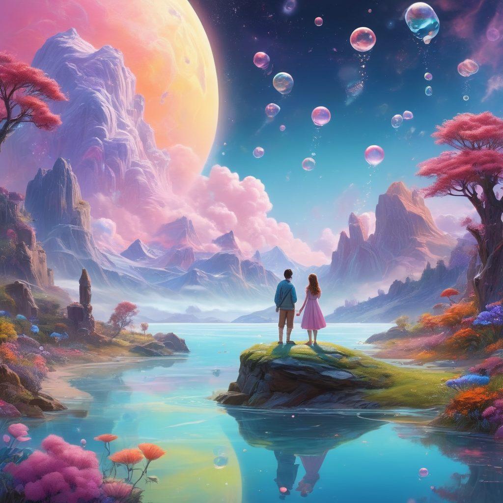 A colorful and whimsical scene of various diverse characters exploring a dreamlike landscape filled with frothy bubbles, each bubble containing different magical secrets. The characters are engaged in playful interactions, surrounded by floating formulas and whimsical creatures, evoking a sense of wonder and curiosity. Soft pastel colors and sparkles enhance the enchanting atmosphere. surrealism. vibrant colors. 3D.