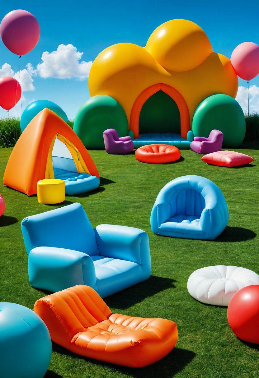 A whimsical illustration showcasing various foam products transitioning from fluffy puffs to sleek inflatable designs. Include playful depictions of foam-based furniture, lightweight structures, and outdoor inflatable items in a vibrant, dynamic environment. The background should feature a bright blue sky and green grass, symbolizing innovation. Add details of foam textures and reflections for depth. cartoonish style. vibrant colors. white background.